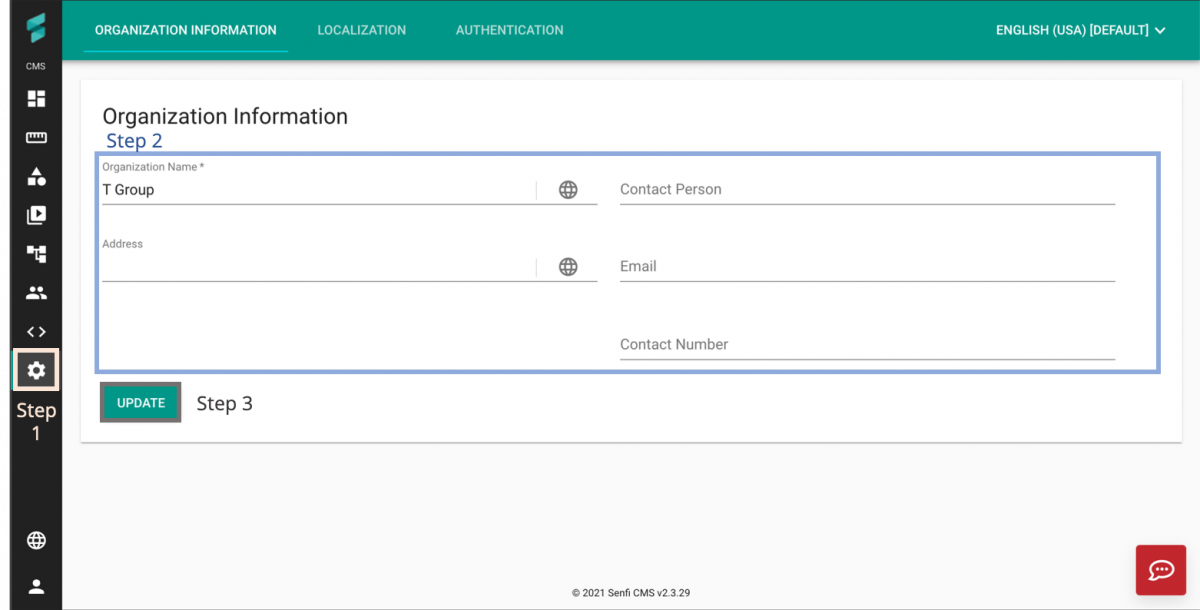 V2/CMS Tutorial/User Tools/Organisation Settings/Information - Senfi Docs